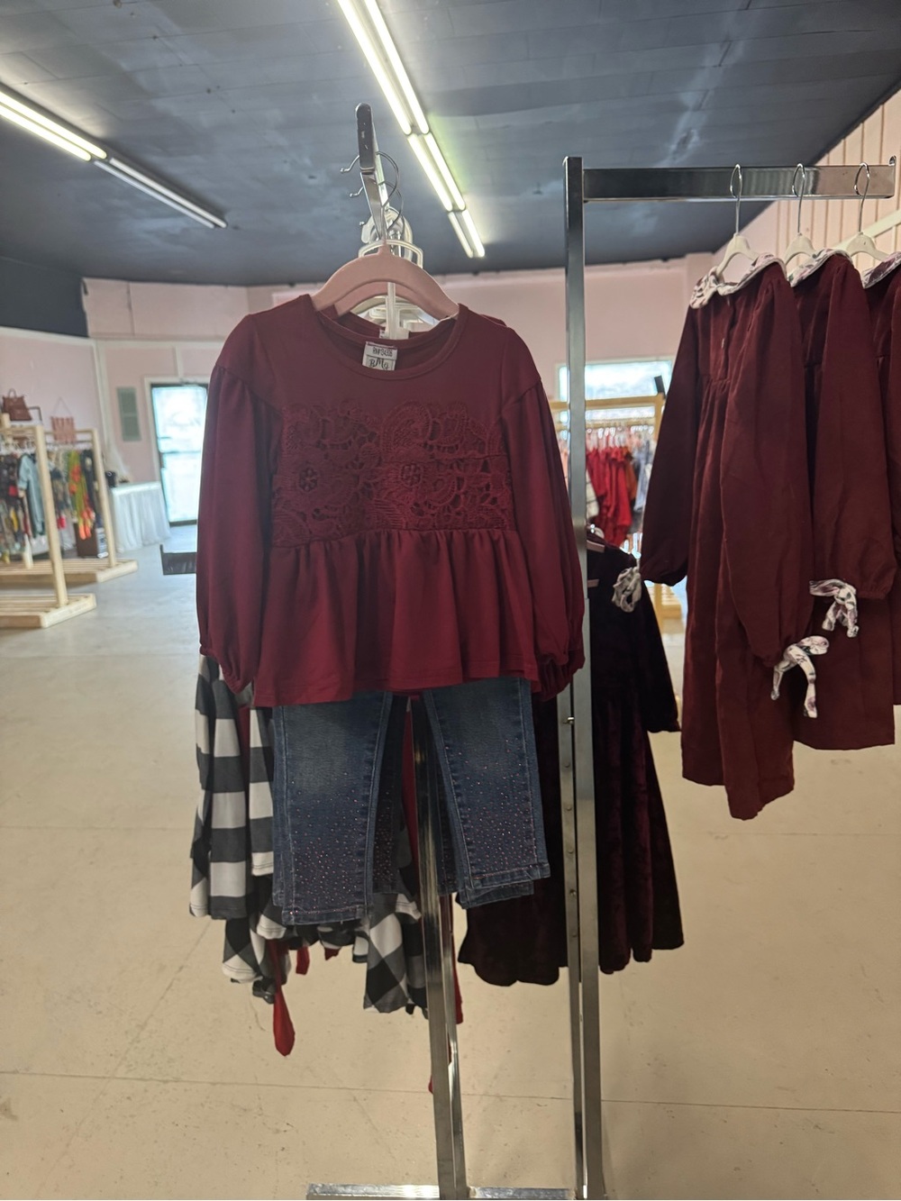 Girls' Burgundy Lace Peplum Top and jeans